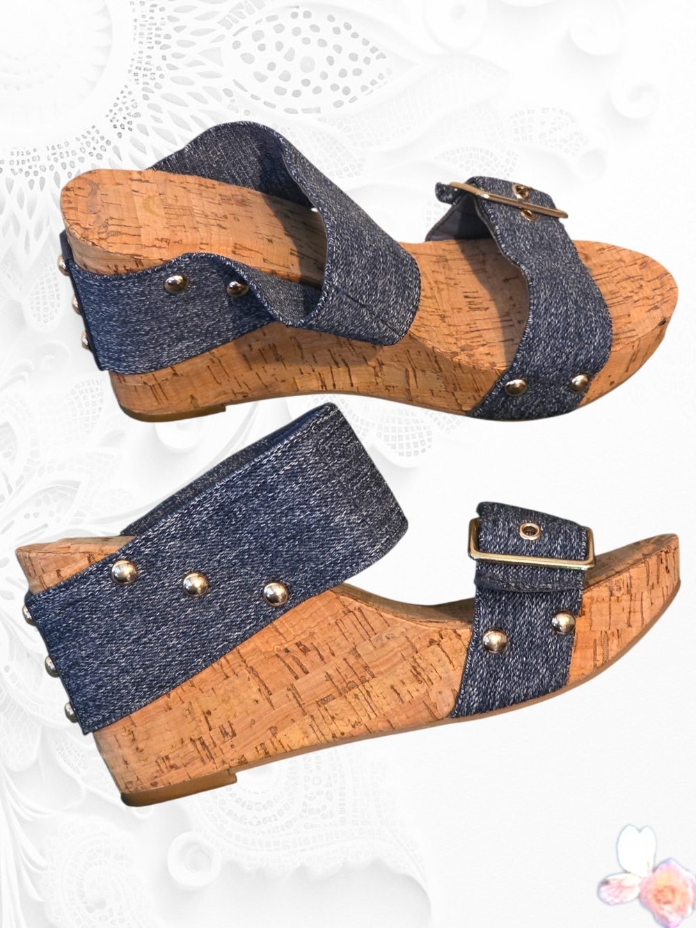 Denim Blue Cork Wedge Sandals - Women's Wedges